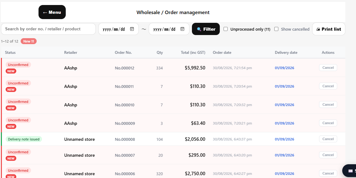 MenoLink wholesale order management screen showing incoming retailer orders