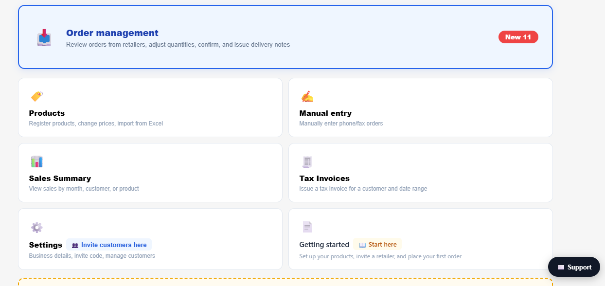 OrderLink main menu showing Order management, Products, Manual entry, Sales Summary, Tax Invoices, Settings and Getting started
