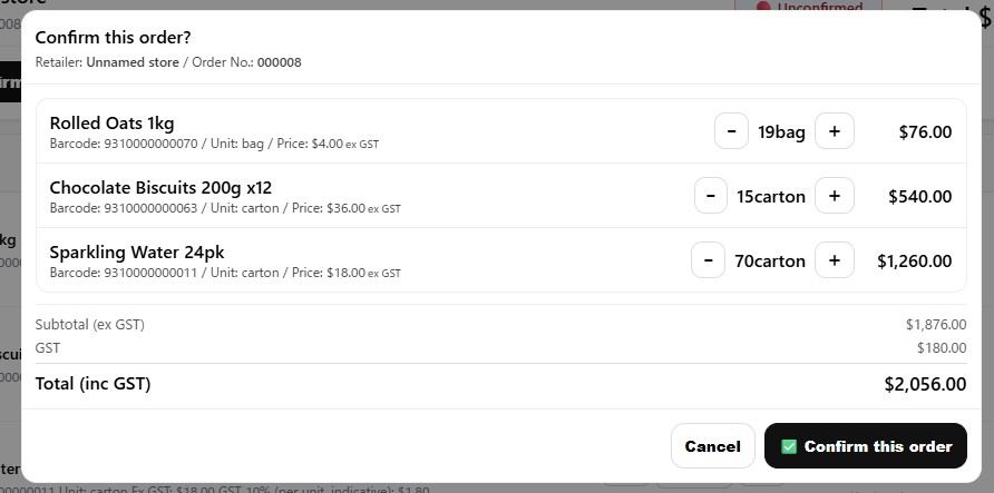 Wholesale order detail screen used to review and confirm an order in MenoLink