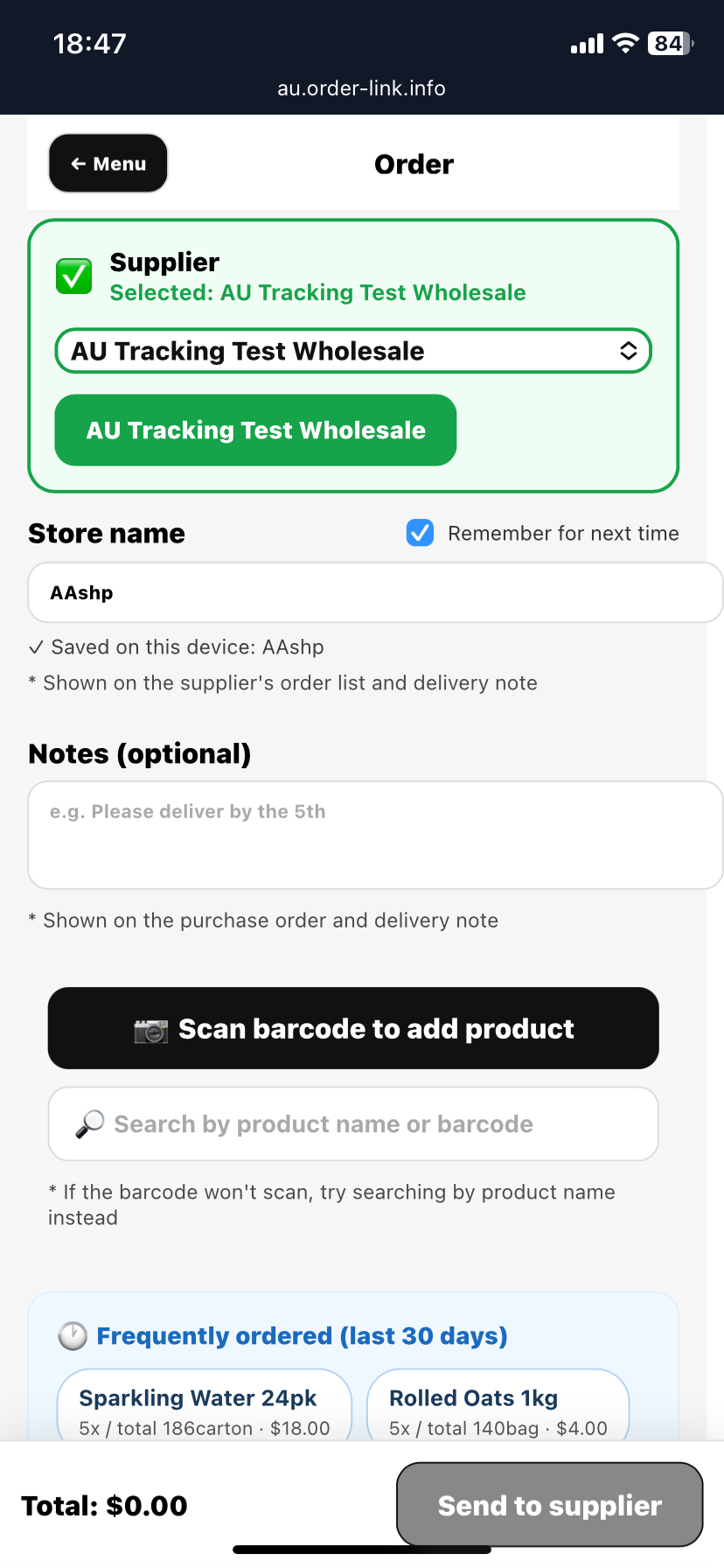 Retailer mobile ordering screen in MenoLink