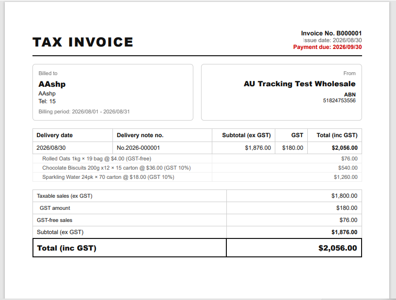 GST tax invoice generated from a confirmed order in MenoLink