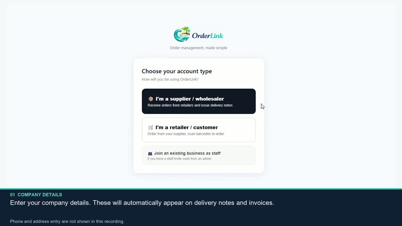 OrderLink wholesaler demo video preview — account setup screen
